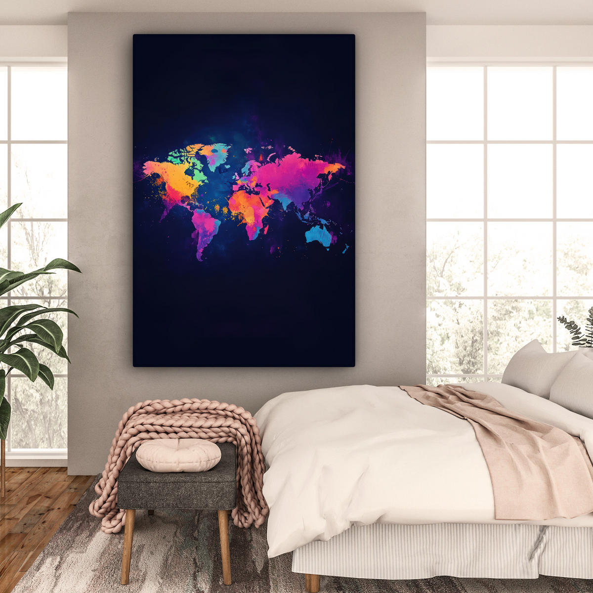 LEINWANDBILD Weltkarte - Bunt - Graffiti 90x140 cm - Multicolor, Textil (90/140cm) - MuchoWow