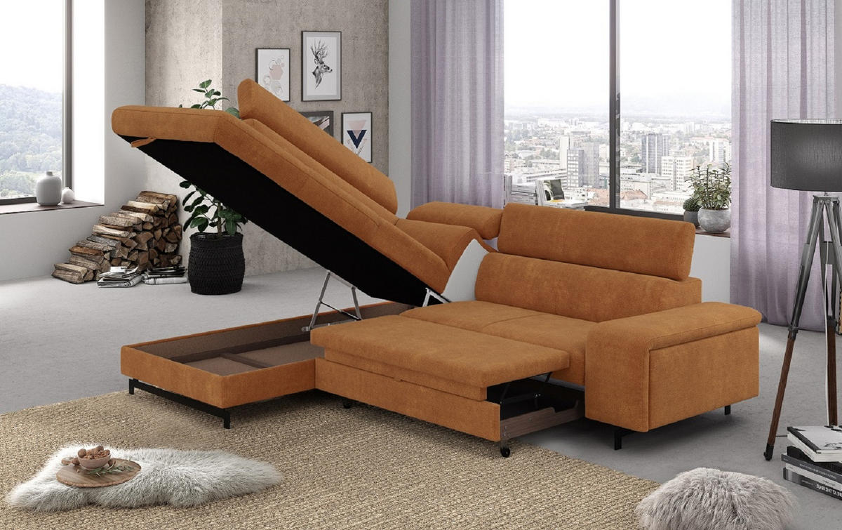 ECKSOFA mit Schlaffunktion und Bettkasten - Cognac/Schwarz, Kunststoff/Textil (262/215cm) - Cotta