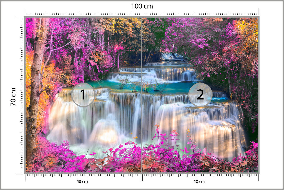 FOTOTAPETE für Schlafzimmer Wasserfall Pinker Wald Fantasie 100x70 - Türkis/Beige, Papier (100/70cm) - Muralo