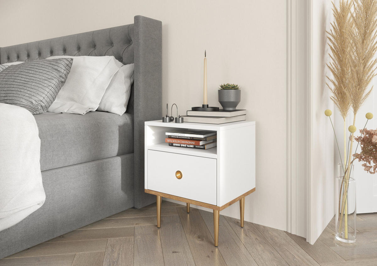 NACHTTISCH Harmoni, Weiß, Eiche, Goldene Details - Goldfarben/Weiß, Holzwerkstoff/Metall (44/54/38cm) - Skandica