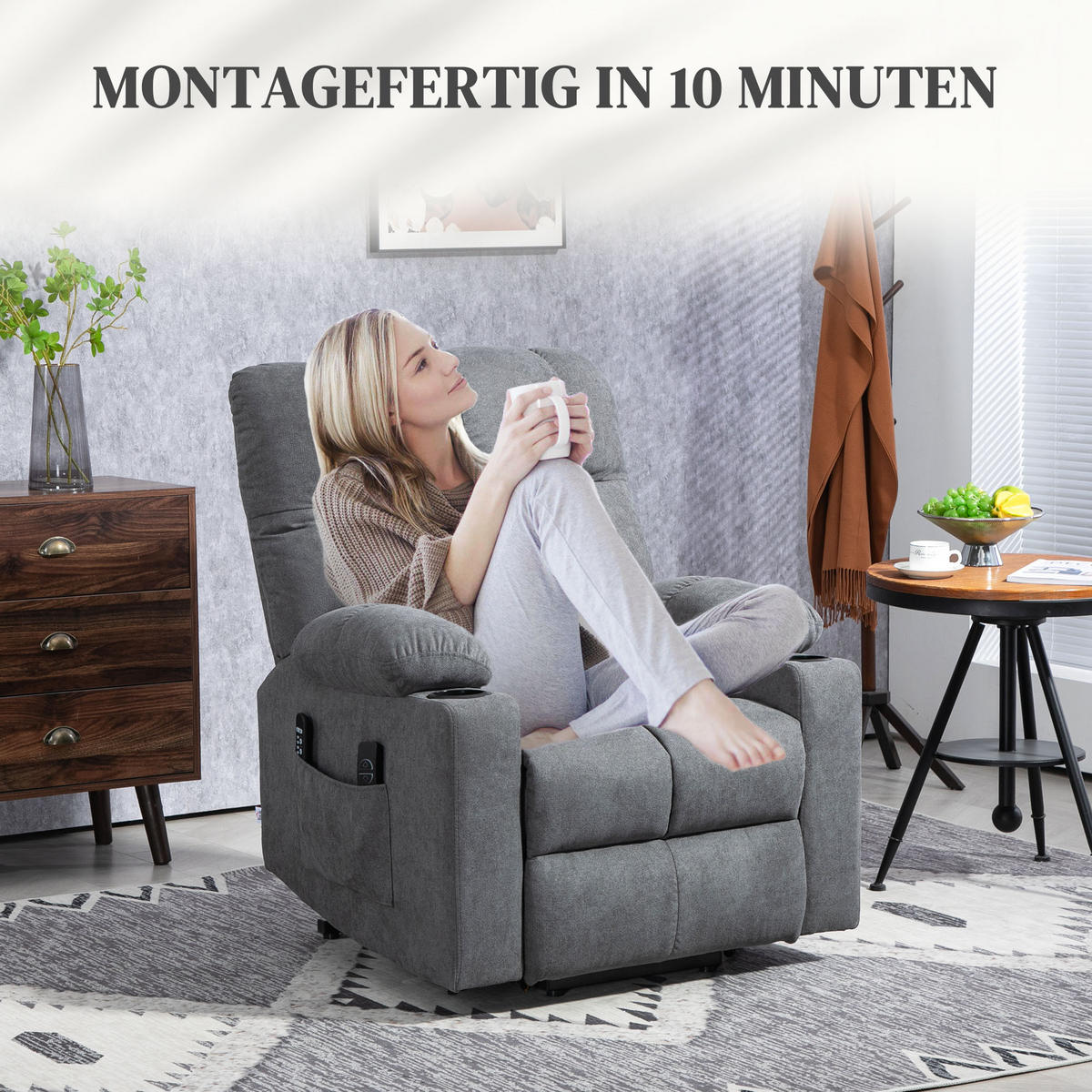 FERNSEHSESSEL mit Aufstehhilfe, Grau - Schwarz/Grau, Textil/Metall (95/109/91cm) - HOMCOM