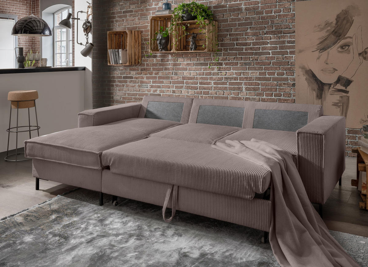 ECKSOFA mit Schlaffunktion, Bettkasten, Wellenunterfederung, Récamiere links B240/T150/H92 cm, Liegefl. 125x198 cm, Cord Braun Taupe / 17225 - Taupe/Schwarz, Textil/Metall (240/150cm) - luma-home