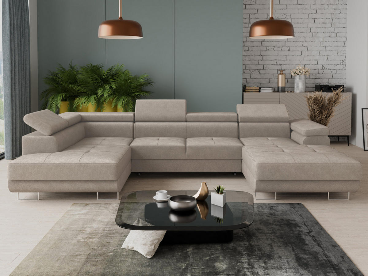 WOHNLANDSCHAFT Caris U, Seite: Rechts - Beige, Holz/Textil (348/90/205cm) - Sofnet