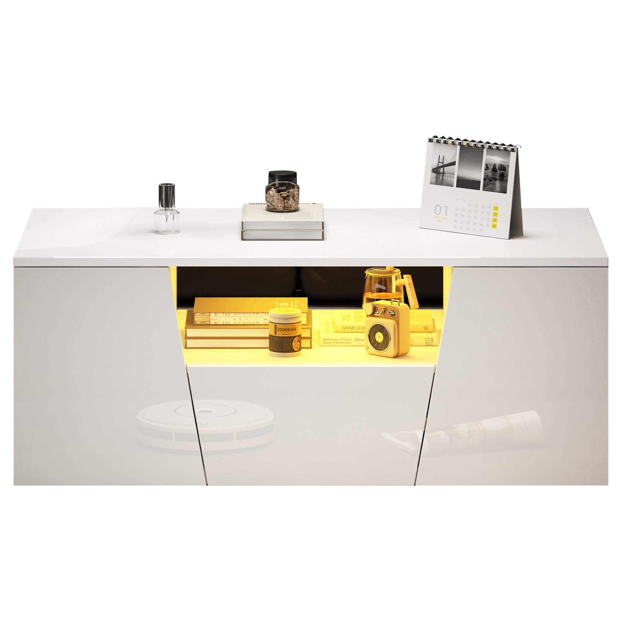 COUCHTISCH, Hochglanz Weiß, mit App-LED (USB) & Stauraum, 100/50/40 cm,Weiß - Weiß, Holzwerkstoff (100/50/40cm) - Redom