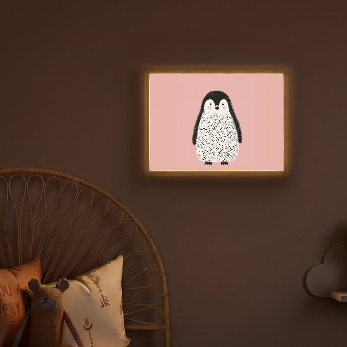DOBÍJECÍ NOČNÍ LAMPIČKA Tučňák - Tečky - Minimalistický - Růžový 40x30 cm - růžová, kompozitní dřevo (8/40/30cm) - OnlyWow