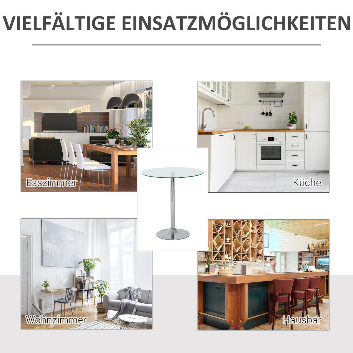 ESSTISCH, Runder Küchentisch mit Tischplatte aus Glas, Ø70 x 74,5 cm - Silberfarben, Metall (70/70/74.5cm) - HOMCOM