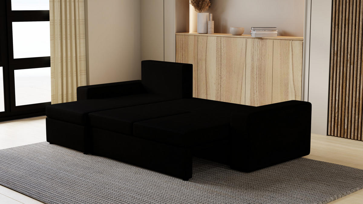 ECKSOFA Paco mit Bettkasten und Schlaffunktion, L-Form/XL-Form, Velourstoff, Universal - Schwarz, Holzwerkstoff (246/145cm) - 4ALL HOME