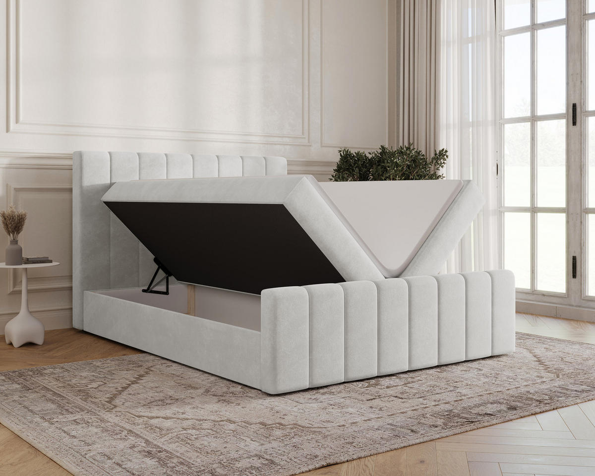 BOXBETT 01 BIS 140 x 200 cm - Manila - Modernes Polsterbett mit Bettkasten inkl. PU-Schaum-Topper und Federmechanismus - Silberfarben, Holz (140/200cm) - ROYAL24_MARKT