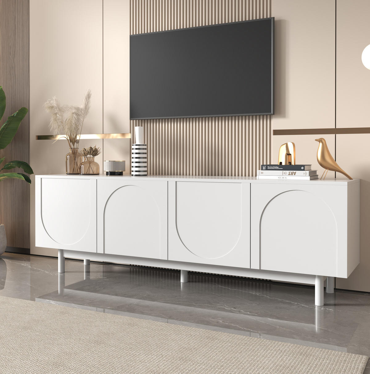 TV-LOWBOARD aus Holzwerkstoff 175x38x56 cm Weiß mit 4 Türen, Push-to-Open und verstellbaren Einlegeböden - Weiß, Holzwerkstoff (175/56/38cm) - IVMEU
