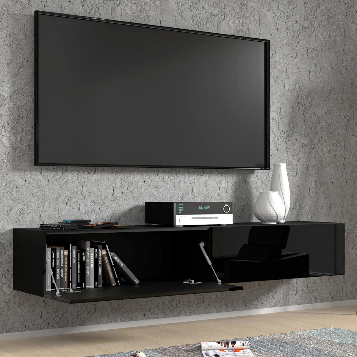 TV STOLÍK Bali Matná čierna karoséria a lesklé čierne predné časti - čierna, kompozitné drevo (180/30/40cm) - Petits-meubles