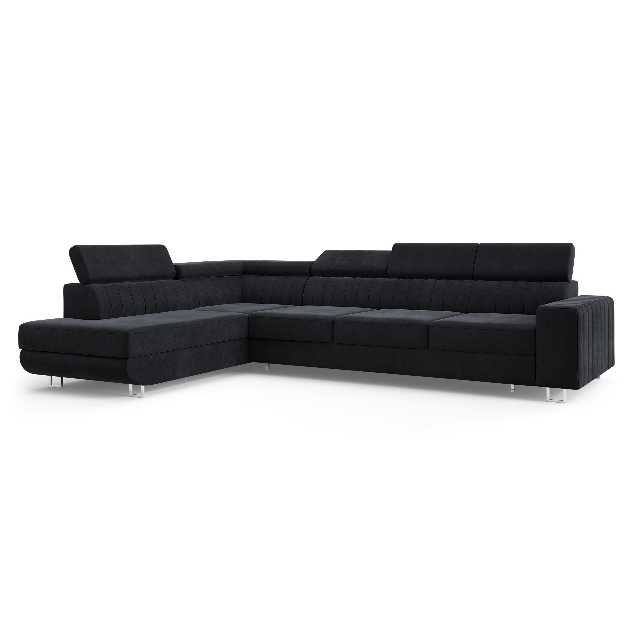 ECKSOFA HESTION Schwarz Velours-Stoff mit Schlaffunktion - Schwarz, Holz (332/190cm) - MASSENO