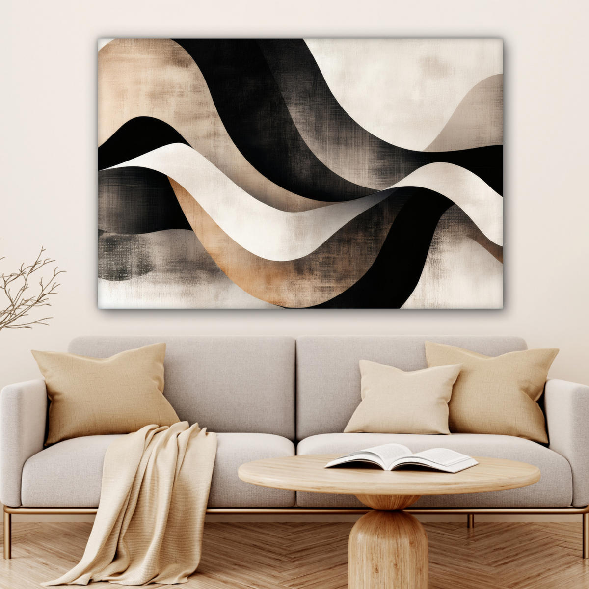 LEINWANDBILD Abstrakt - Wellen - Schwarz - Verwittert Wohnzimmer 120x80 cm - Trüffeleichefarben, Textil (120/80cm) - MuchoWow