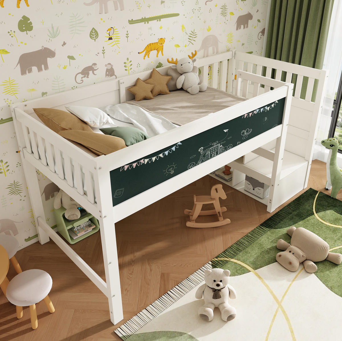 HOCHBETT 90/200 cm in Weiß – mit Stauraumtreppe und Rausfallschutz - Weiß, Holzwerkstoff (90/200cm) - BEAOK