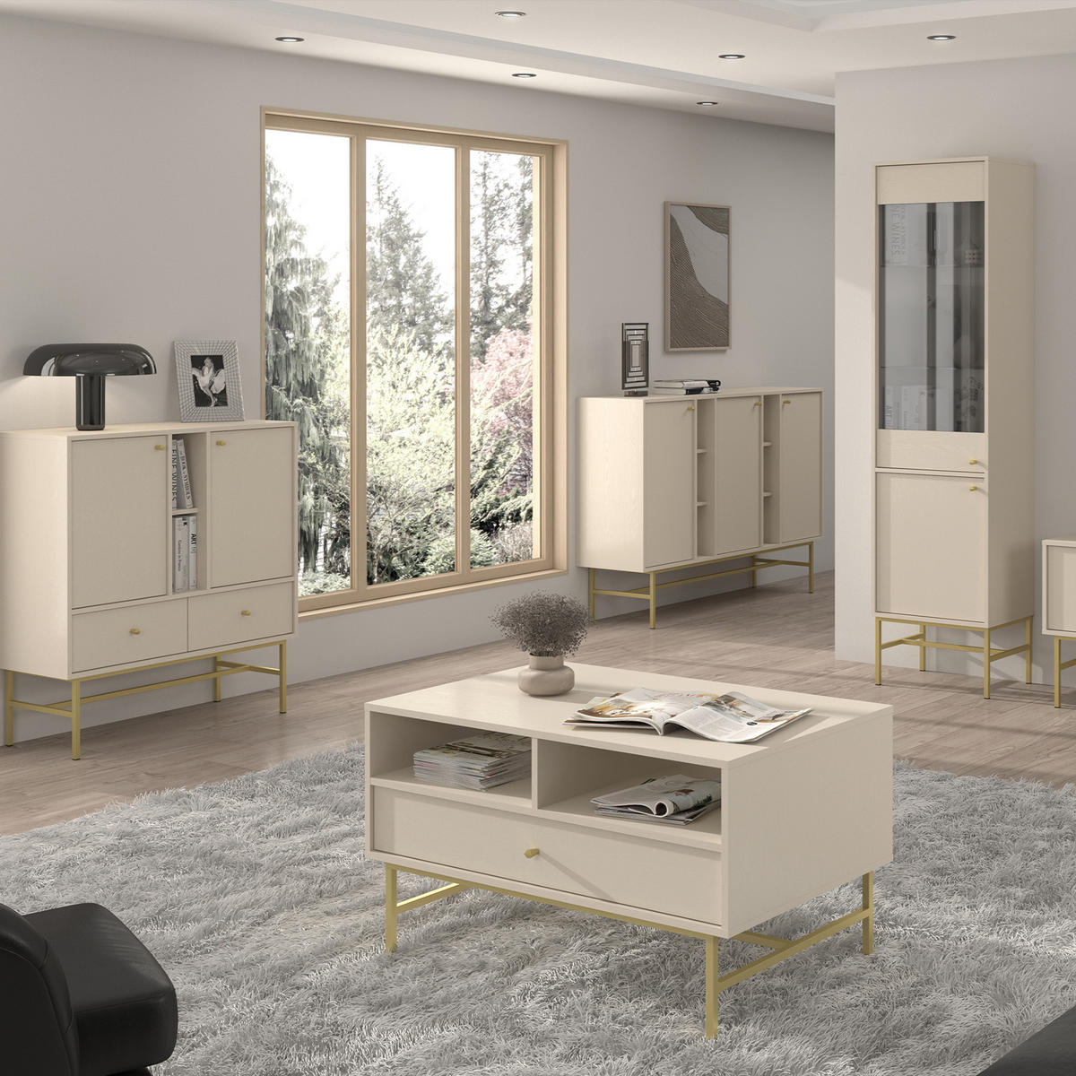 TV-LOWBOARD FLOREN, Creme/Gold - Creme, Holzwerkstoff/Metall (120.6/62.5/40.8cm) - KONSIMO®