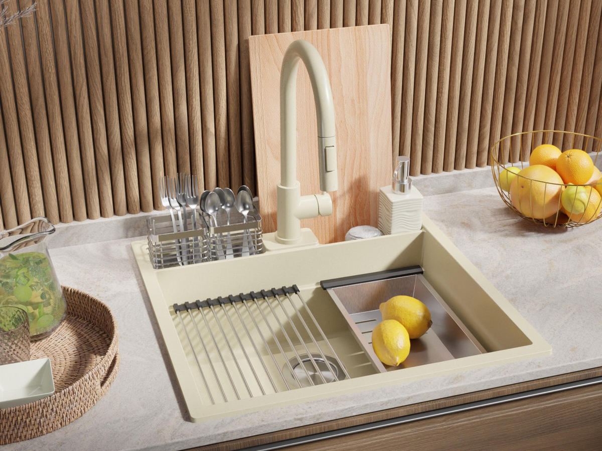 GRANITSPÜLE Bergen Pocket, 2-er set Beige 56/54 cm 1 Becken + Küchenarmatur 38/14 cm + Ablauf-Set + Küchenzubehörset ab 60er Unterschrank - Chromfarben/Beige, Kunststoff (56/20/54cm) - Primagran