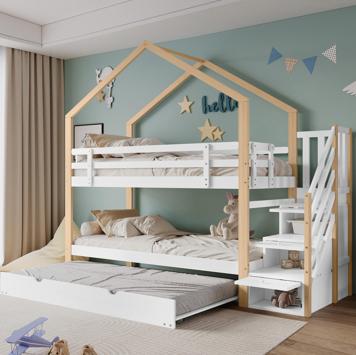 KATNI krevet od masivnog drva i MDF-a 90x200 cm bijela i natur s izvlačivim ležajem, stepenicama i ladicama - bijela, drvni materijal (90/200cm) - Modfu