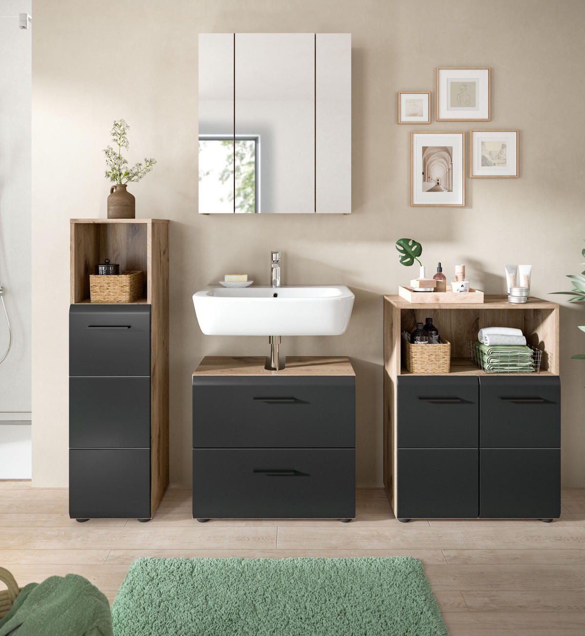 BADMÖBEL-SET 4-teilig in schwarz matt und Eiche Badezimmer mit viel Stauraum, 180 x 185 cm - Eichefarben/Schwarz, Glas/Holzwerkstoff (180/185/30cm) - Inn.Furn