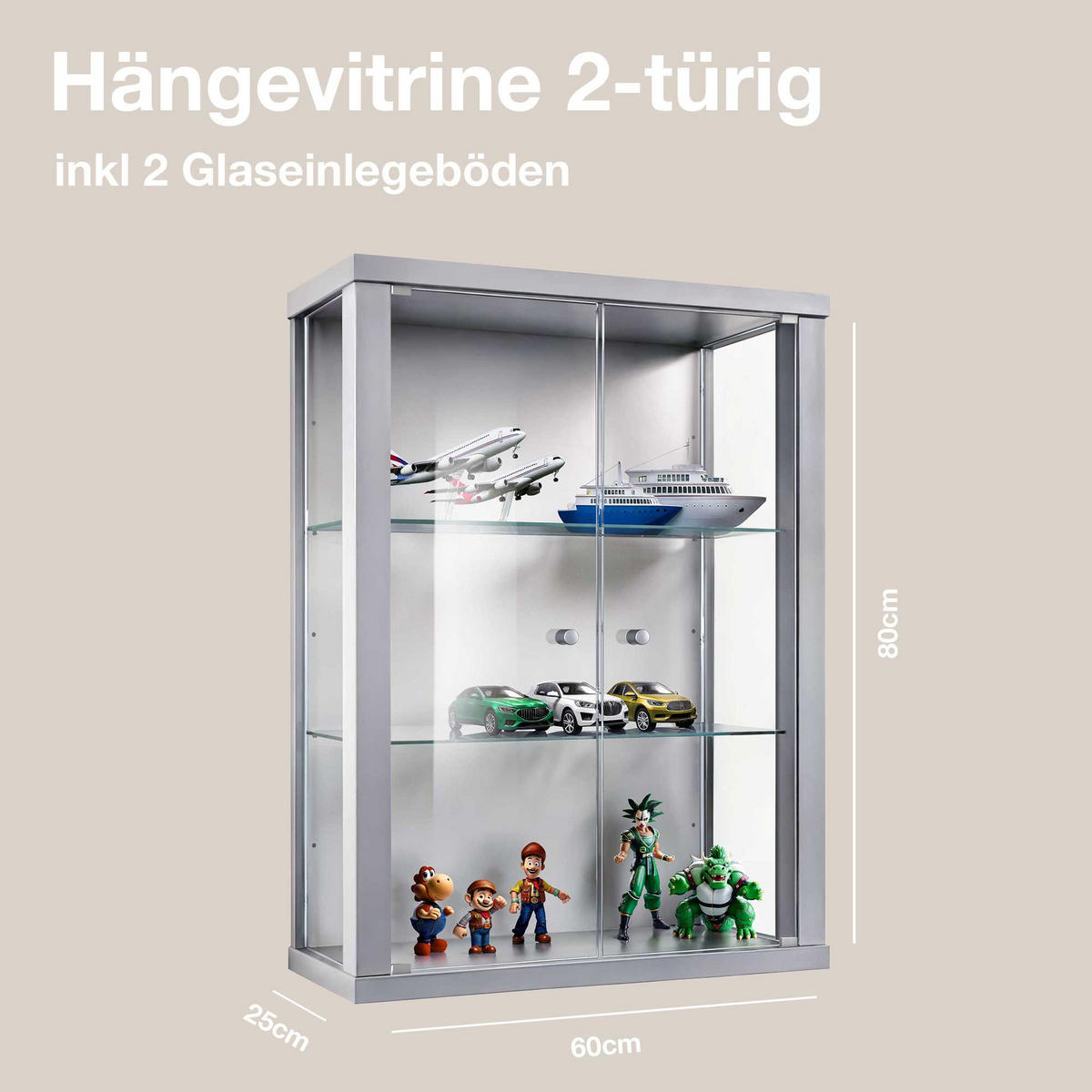 HÄNGEVITRINE 25/60/80 cm mit 2 höhenverstellbaren Glasböden - Transparent/Silberfarben, Glas/Holzwerkstoff (60/80/25cm) - K-Möbel