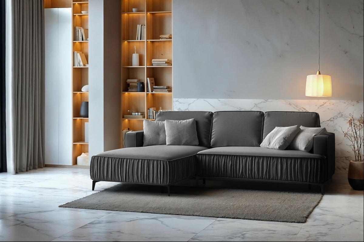 ECKSOFA Glanz rechts – Grau, mit Schlaffunktion und Bettkasten - Grau, Textil (268/177cm)