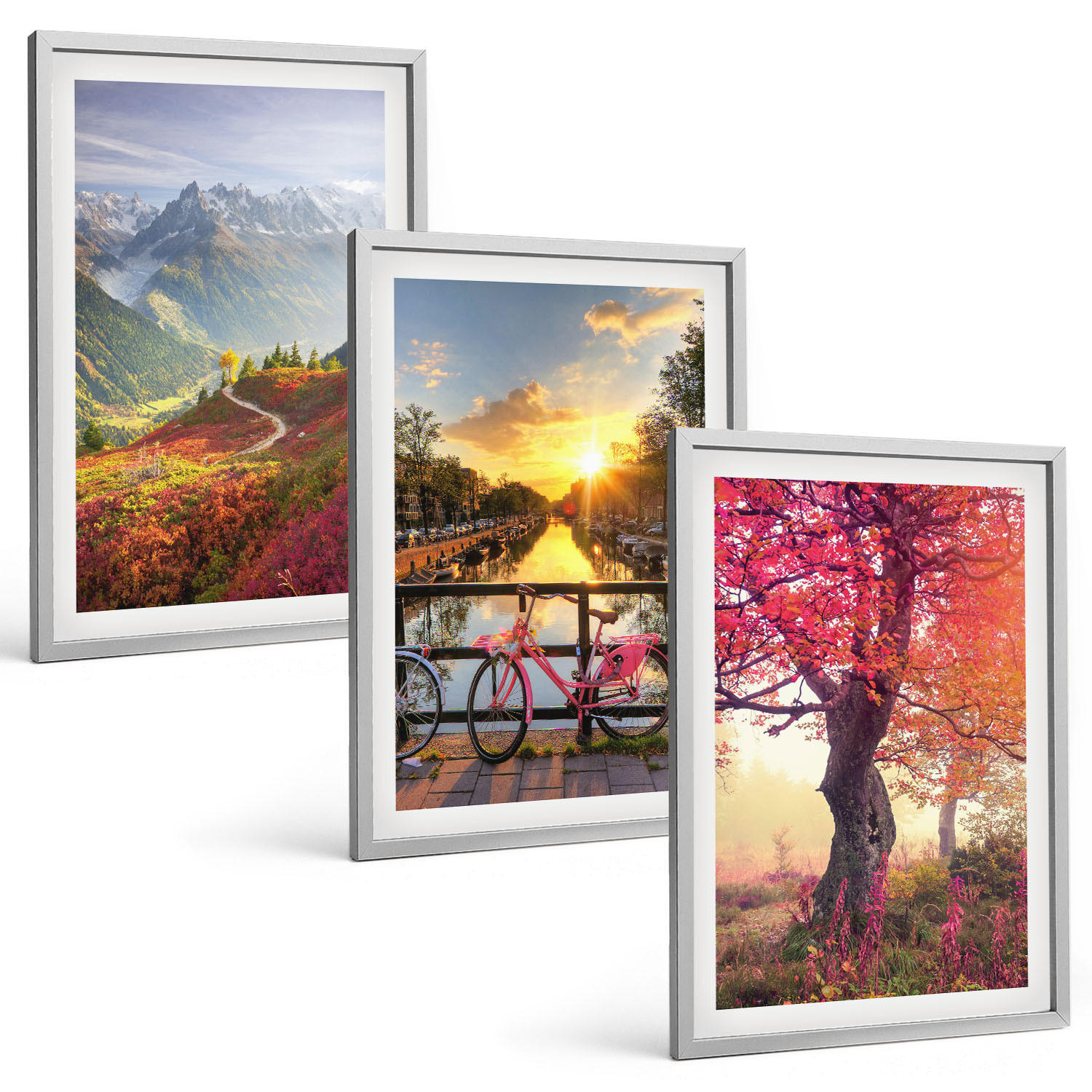 BILDER SET 3er Set - 40x60 cm Silberner Rahmen - Berglandschaften mit dem Fahrrad - Silberfarben, Kunststoff (40/60cm) - TULUP