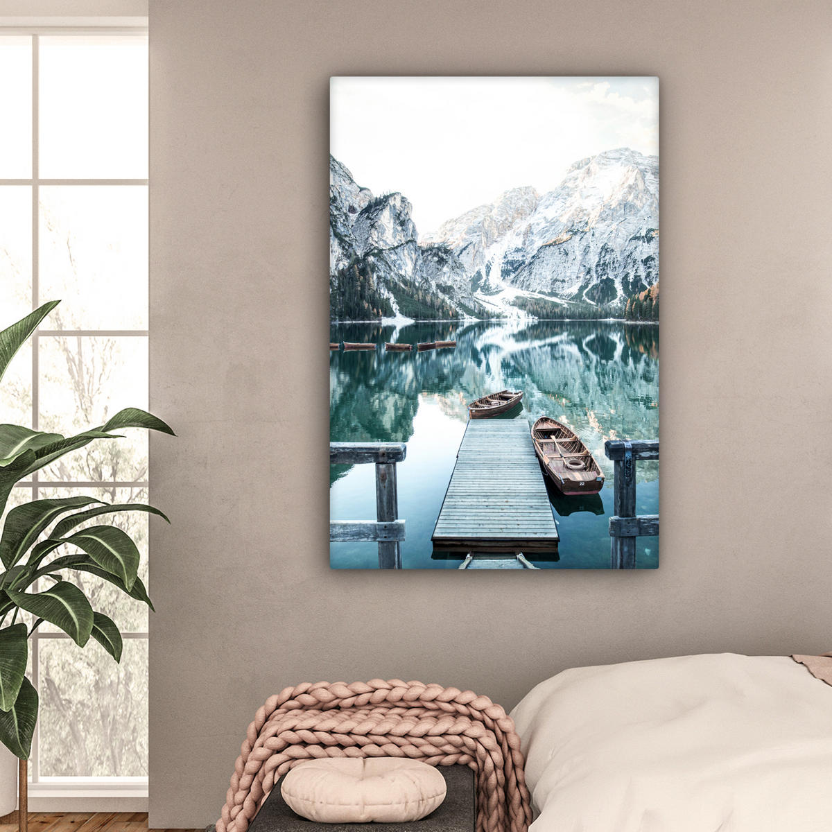 LEINWANDBILD Natur - Berge - Schnee - Wald - Boot 80x120 cm - Hellgrün, Textil (80/120cm) - MuchoWow