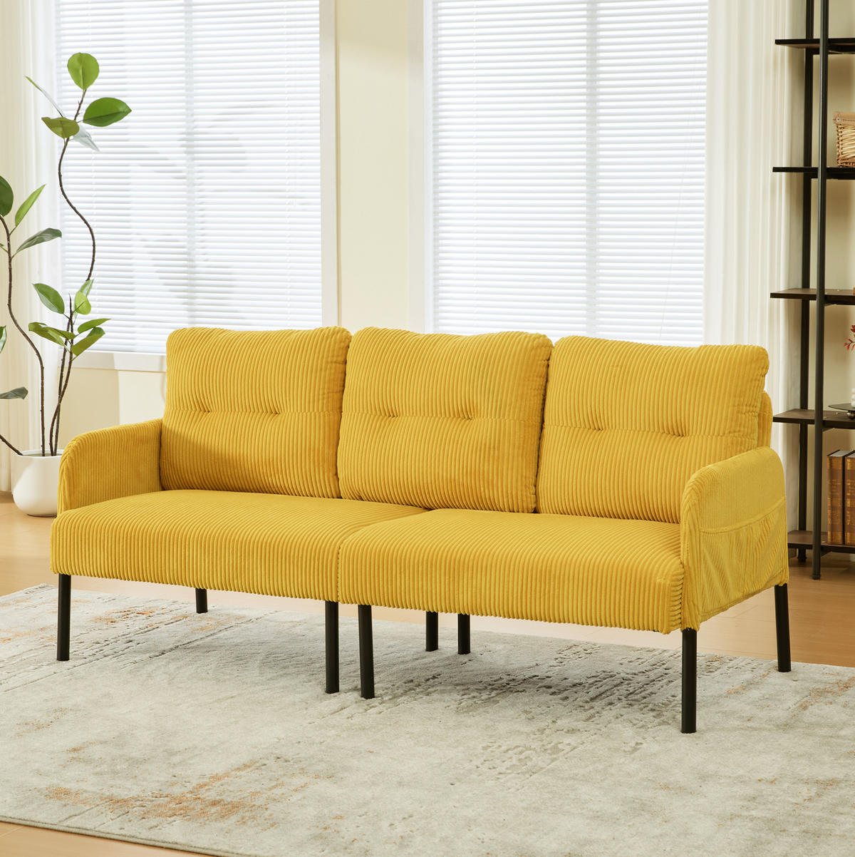 SOFA 3-Sitzer mit Seitentasche 171x72x80 cm Cord Gelb - Gelb, Kunststoff (171/80/72cm) - Meubliv
