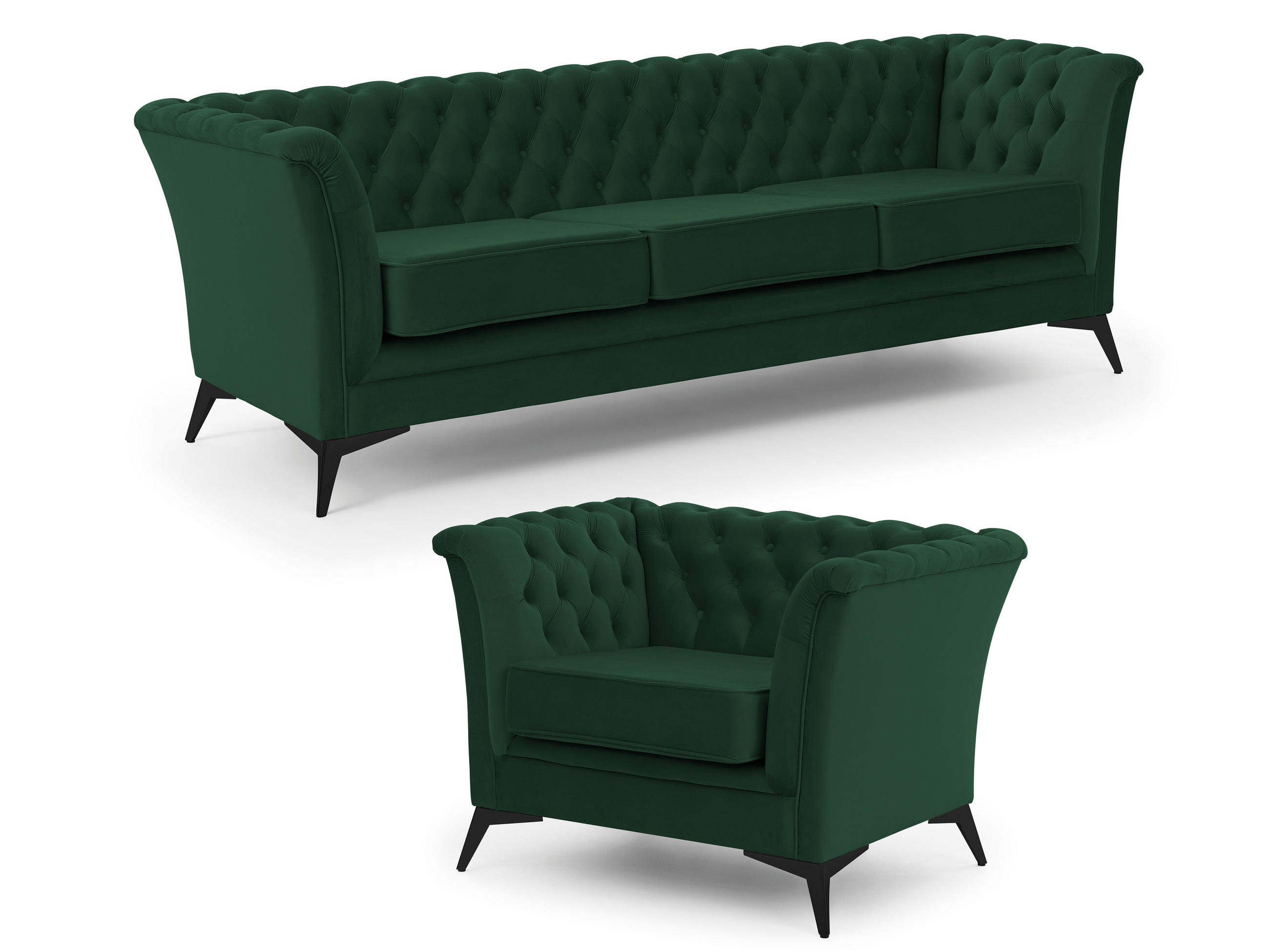 SITZGARNITUR 3+1 Chesterfield Whitby Flasche Grün Samt mit schwarzen Füßen - Dunkelgrün/Schwarz, Holz/Textil (237/78/82cm) - S-Style Möbel