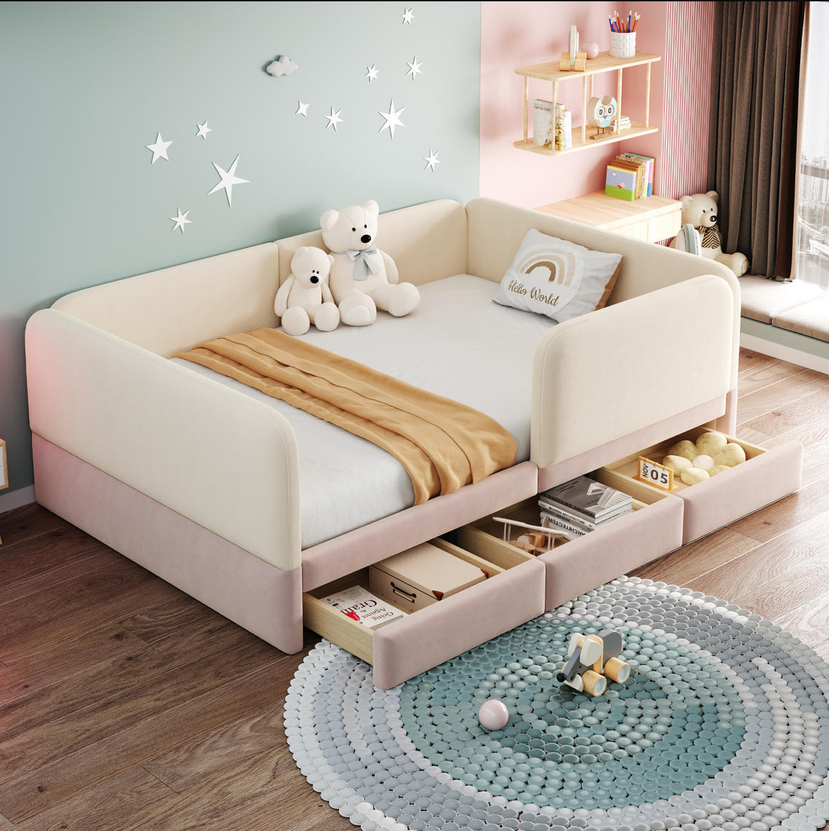 POLSTERBETT 140/200 cm aus Samt mit Stauraumschubladen, Beige/Rosa - Beige, Textil (140/200cm) - OKMYHOME