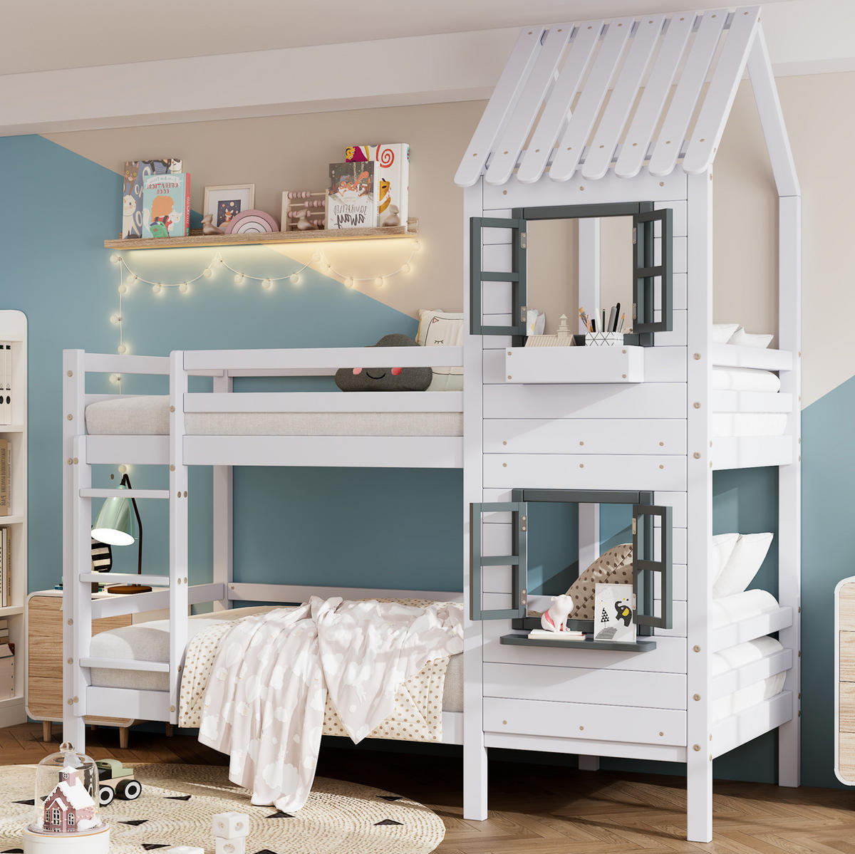 HAUSBETT 90/200 cm Weiß/Grau mit Fenstern und Leiter im Hausbett-Design - Weiß, Holzwerkstoff (90/200cm) - Flora Grace