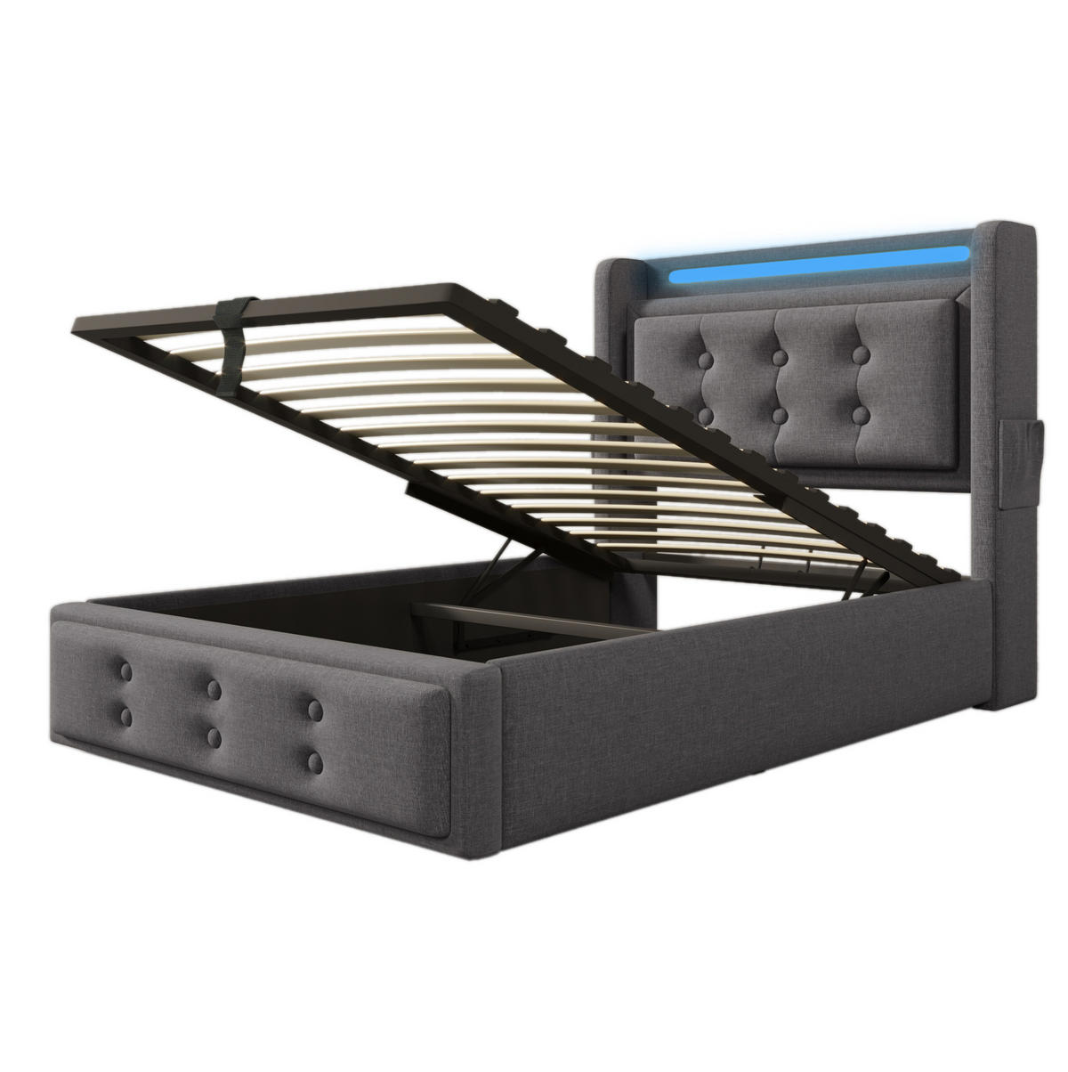 POLSTERBETT mit LED, USB und Stauraum 90x200 cm Baumwoll-Leinen Grau inkl. Matratze - Grau, Metall (90/200cm) - Meubliv