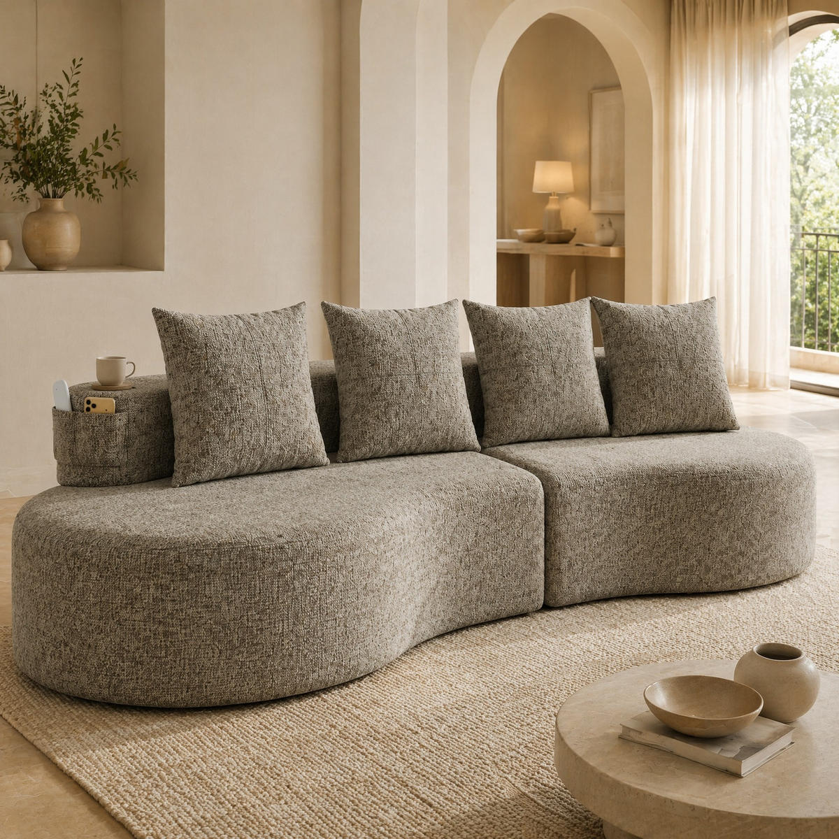 SOFA 240/109/60 cm in Khaki mit Becherhalter, Seitentaschen und 4 Kissen - Sandfarben, Textil (109/63/240cm) - Flora Grace