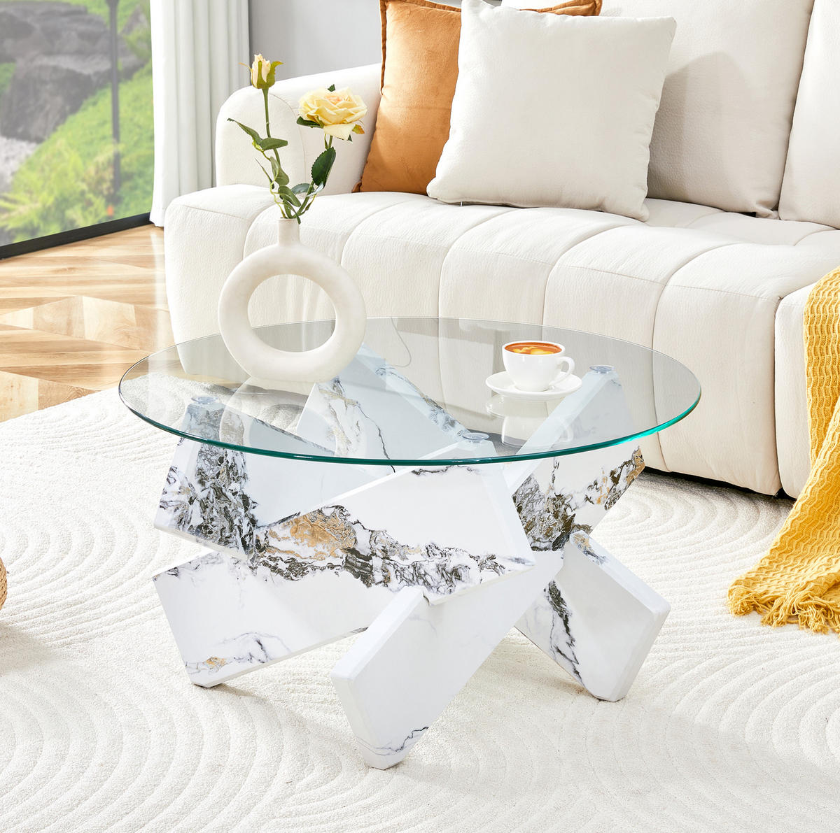 COUCHTISCH aus MDF und Glas Ø79x45 cm in Weiß mit Kreuzgestell - Weiß, Glas (79/79/45cm) - Modfu
