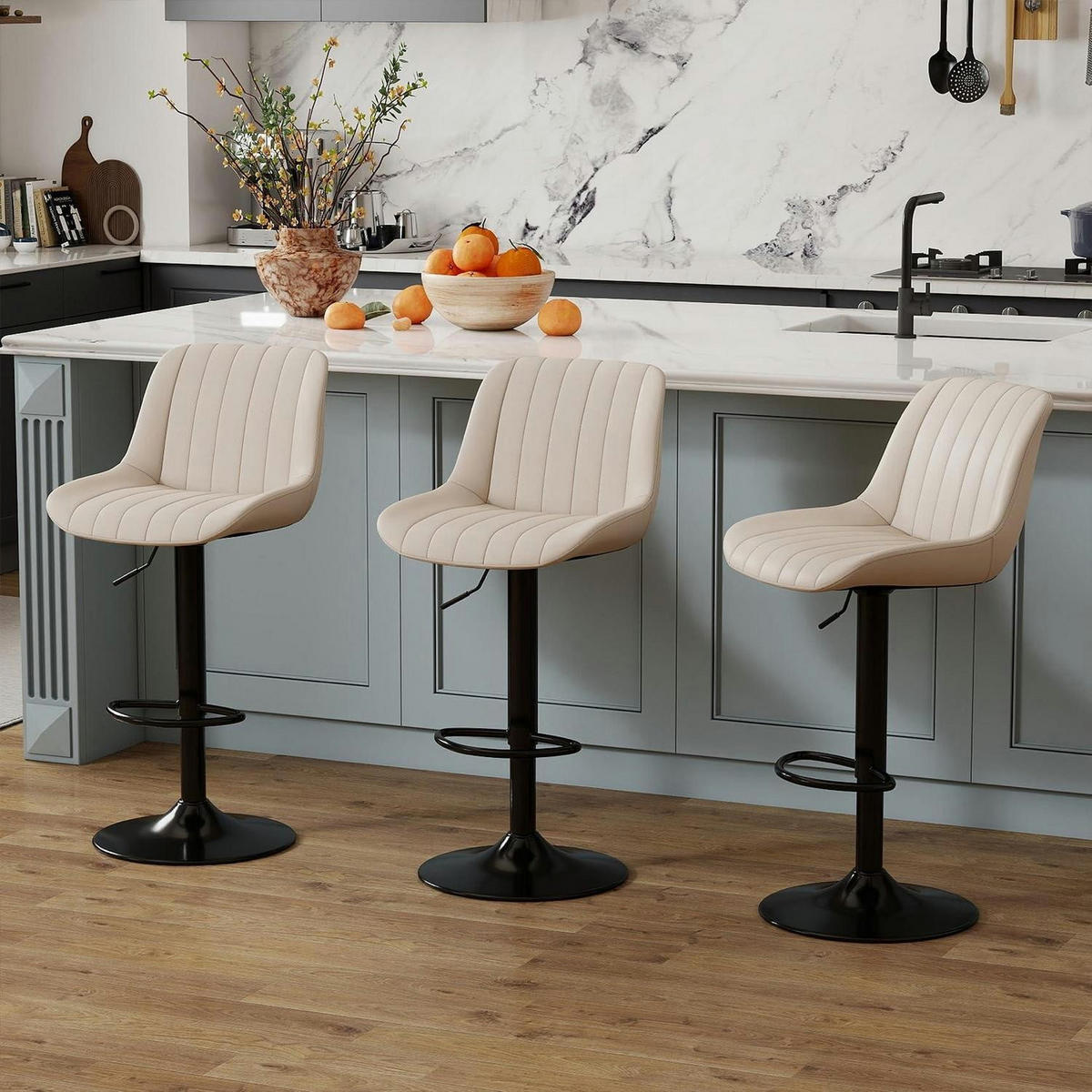 BARHOCKER 3er Set Beige mit Lehne und Höhenverstellung - Beige, Kunststoff (46/109/37cm)