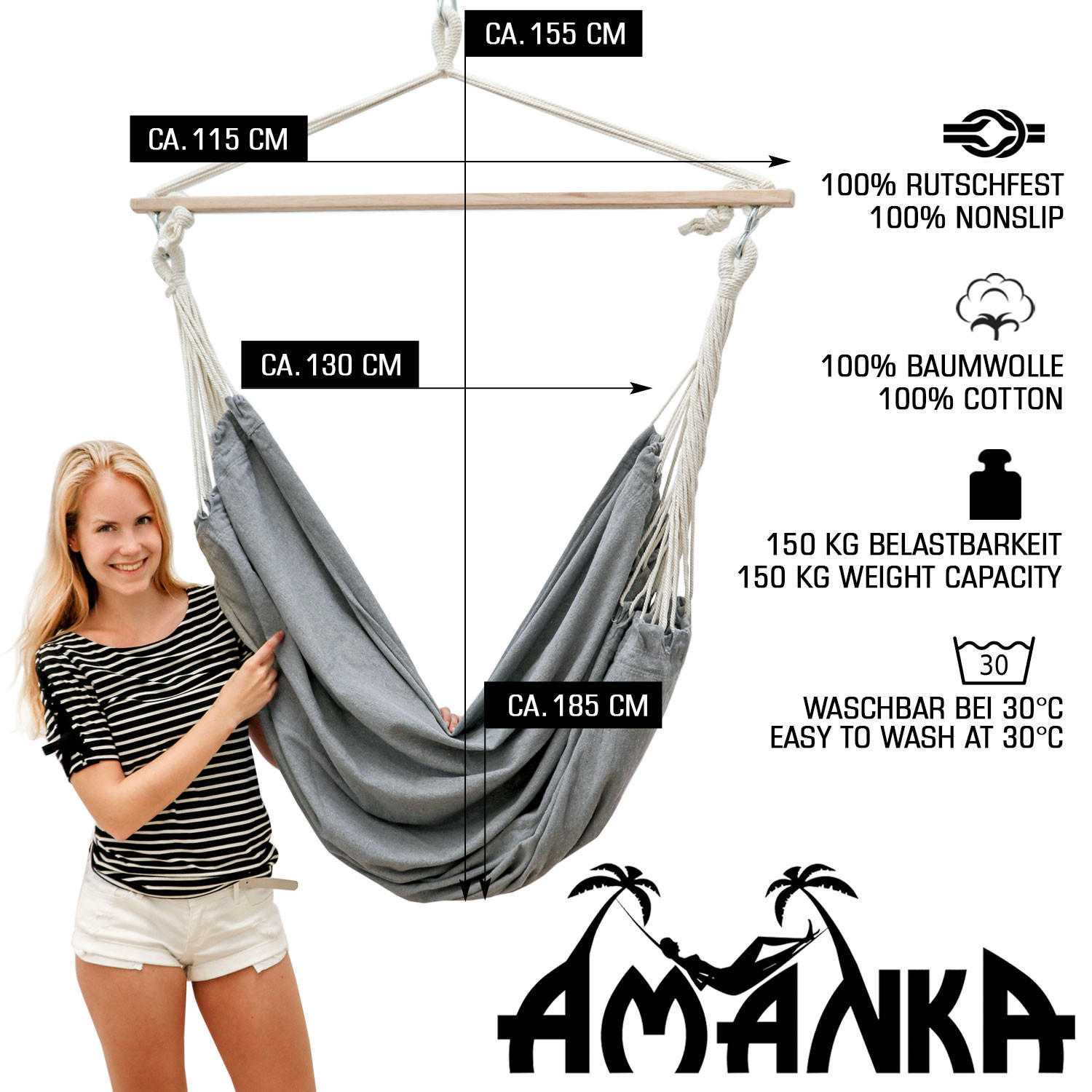 XXL-HÄNGESESSEL bis 150kg, 185/130cm, Grau - Grau, Textil (130/155/185cm) - Amanka