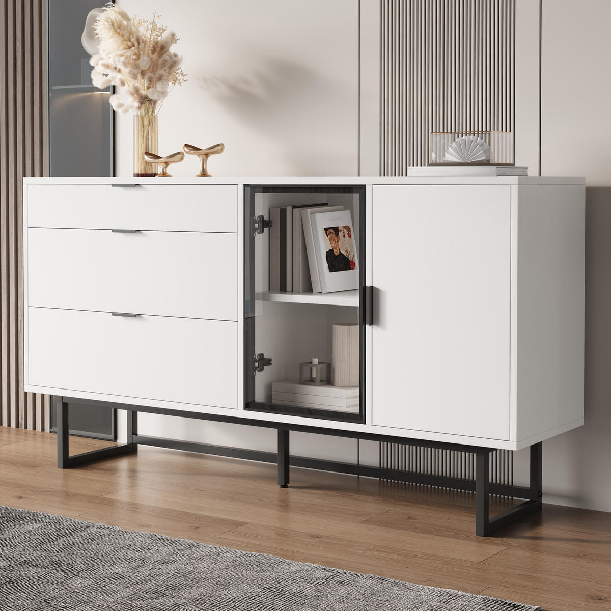 SIDEBOARD in Weiß Kommode mit 3 Schubladen, Glastüren und LED-Lichtleiste für Esszimmer und Wohnzimmer, B160T36/H78cm - Transparent/Schwarz, Holzwerkstoff/Metall (160/78/36cm) - STILVORA