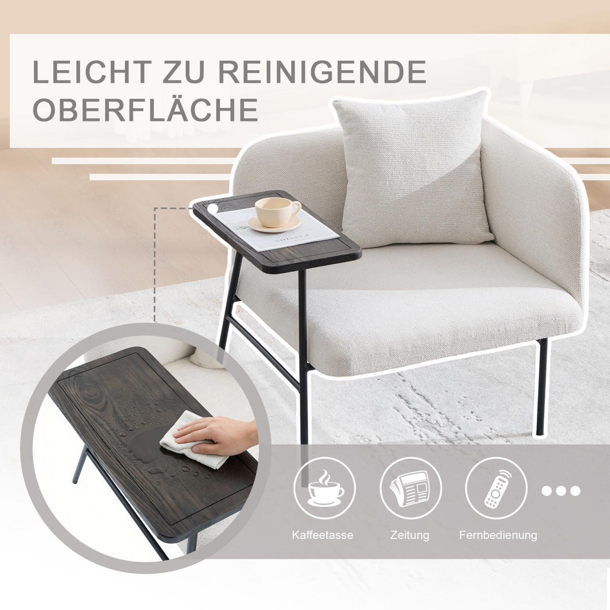 SESSEL mit Beistelltisch und Seitentaschen, Polstersessel Wohnzimmer, Beige - Beige, Textil (64/71/64cm) - PARAFTA HOME