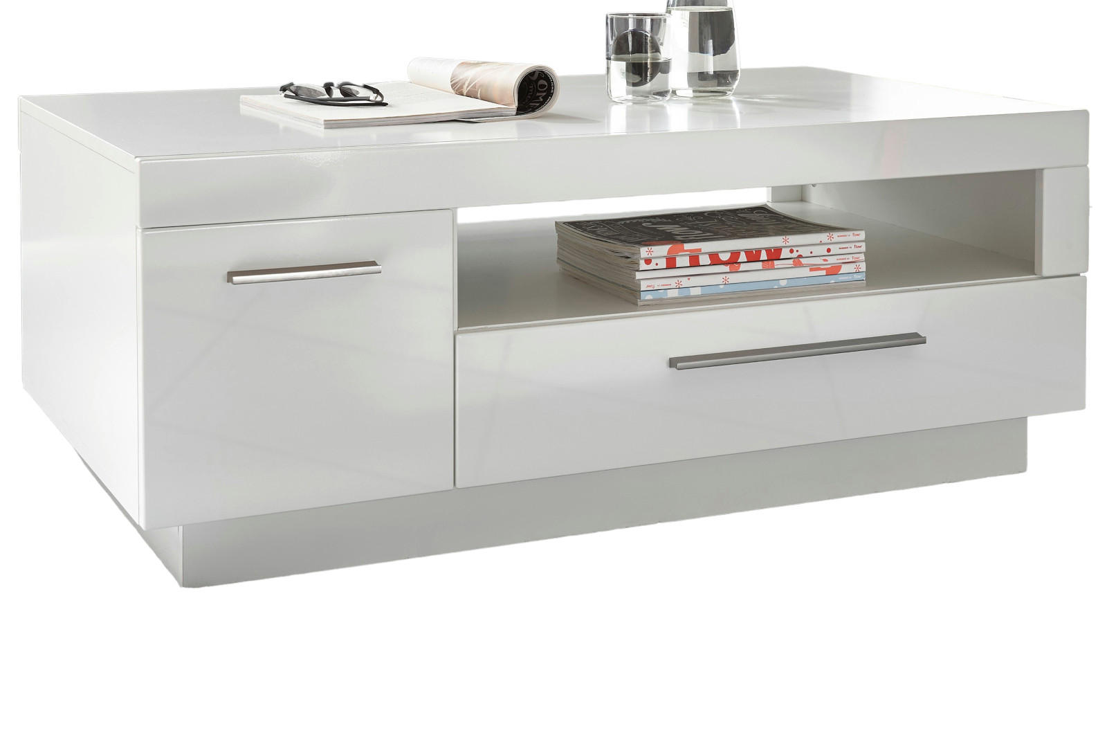 COUCHTISCH weiß Hochglanz 110 x 65 cm, Wohnzimmertisch mit Stauraum - Weiß Hochglanz/Silberfarben, Holz/Holzwerkstoff (110/65/44cm) - Furn.Design