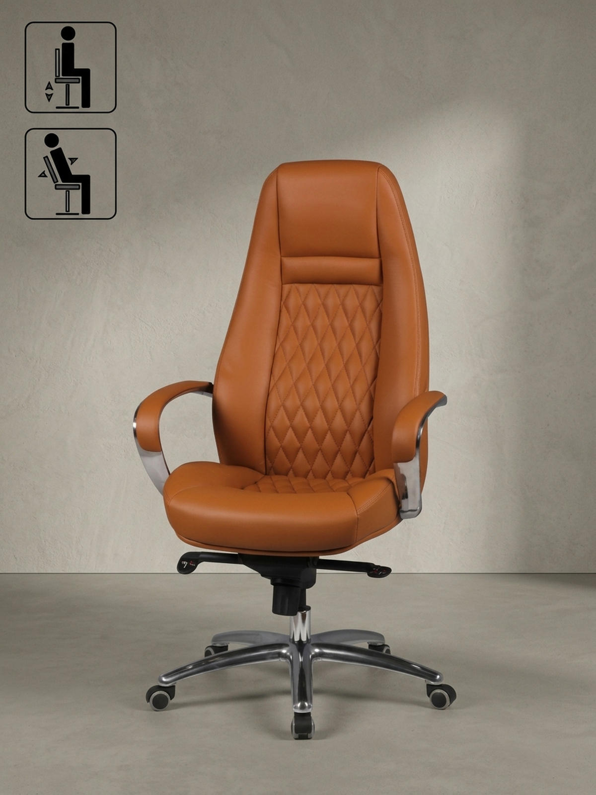 CHEFSESSEL Echtleder mit Aluminiumfußkreuz und ergonomischer Sitzform MADRID, Beige 70x68x130 cm - Beige/Silberfarben, Leder/Metall (70/130/68cm) - KADIMA DESIGN