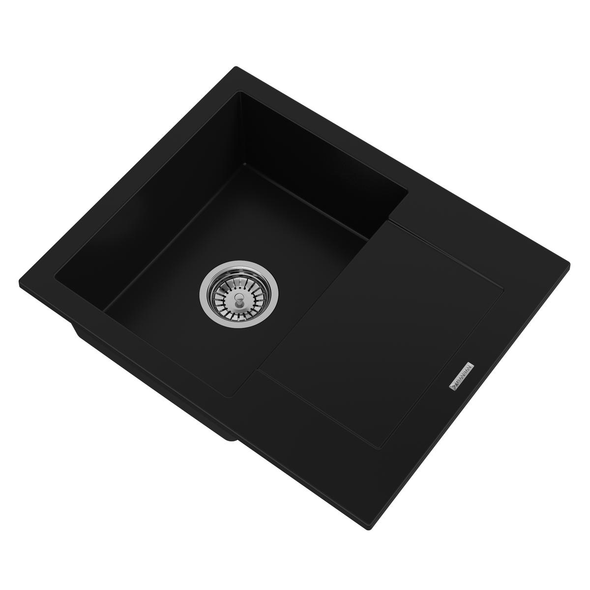 SPÜLBECKEN Bello Schwarz 570/470 mm Granit 2-tlg. Set mit Chromsyphon - Schwarz, Stein (57/47/20cm) - Granitan