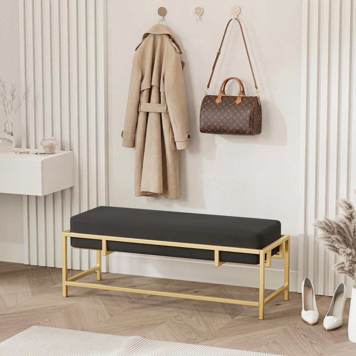 POLSTERBANK GLAM 80 cm Gold / Schwarz ,Metallgestell - Schwarz, Metall (80/45/35cm) - Idohome