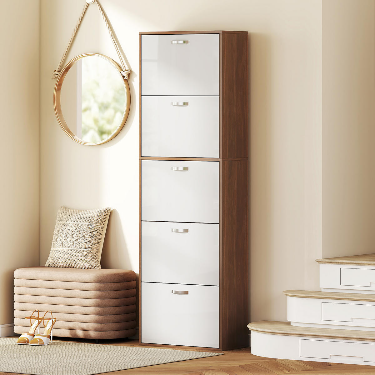 SCHUHSCHRANK Weiß Dunkelbraun MDF klappbar mit 5 Fächern 1 Stück - Braun, Holz (60/189/28cm) - PANGIVO