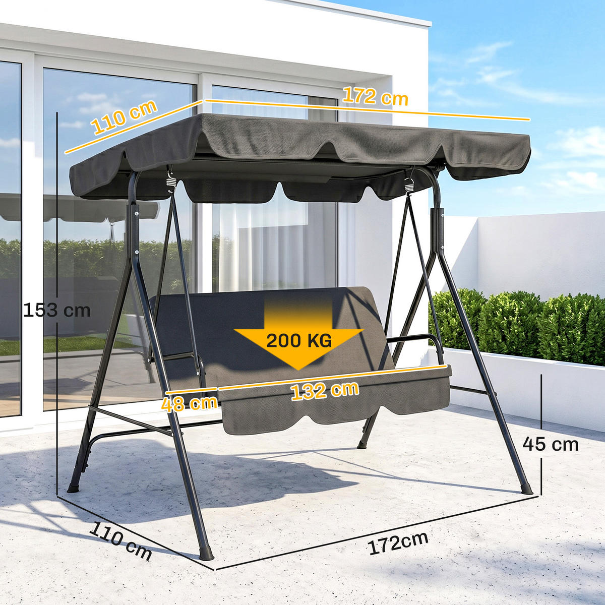 HOLLYWOODSCHAUKEL DE-07085 3-Sitzer, verstellbares Sonnendach Schwarz - Schwarz, Metall (172/153/110cm) - ComfortXL