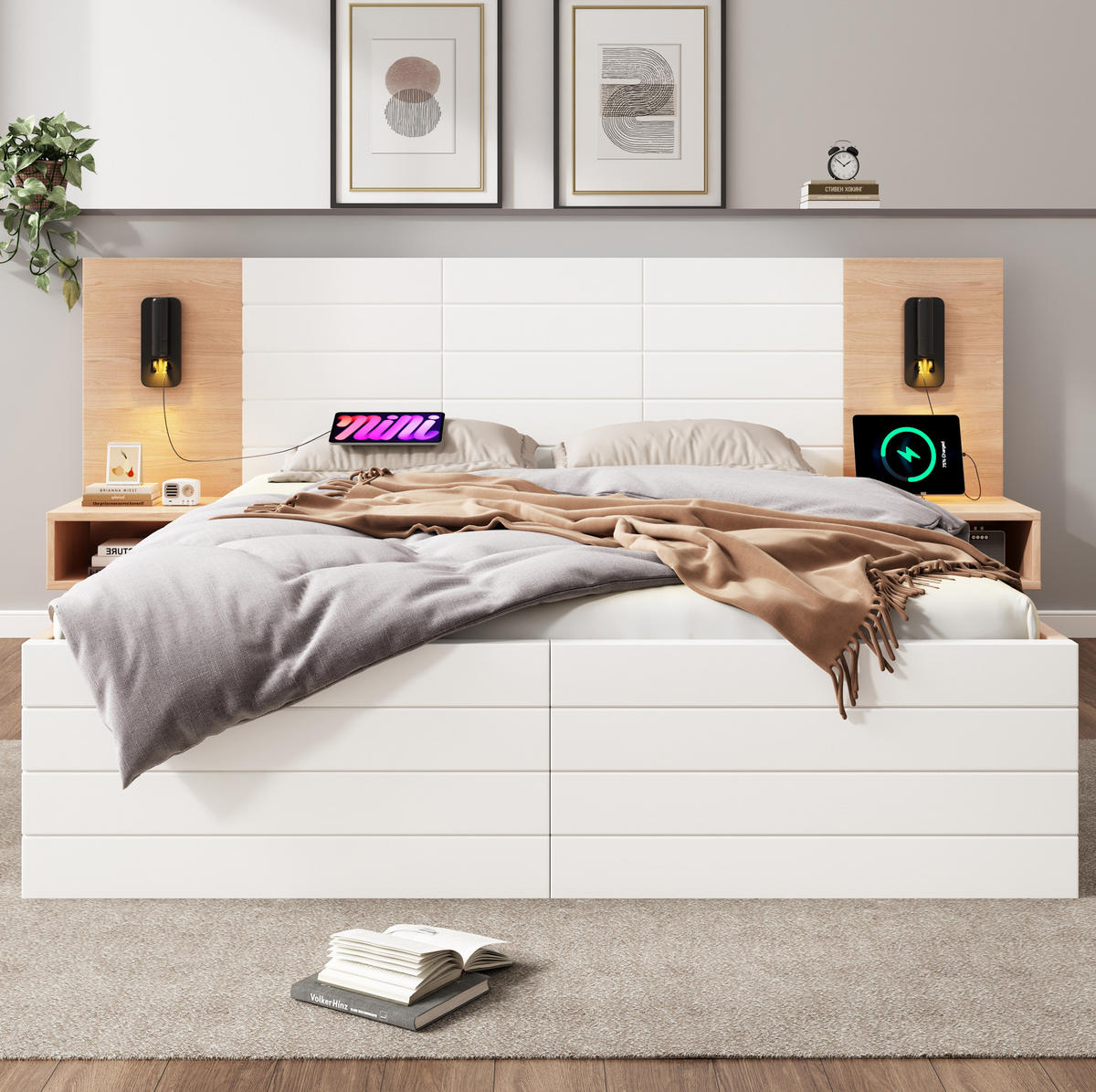 BETT 180/200 cm in Weiß/Eiche mit USB-Anschluss, Leselicht und 2 Schubladen - Weiß, Holzwerkstoff (180/200cm) - Flora Grace
