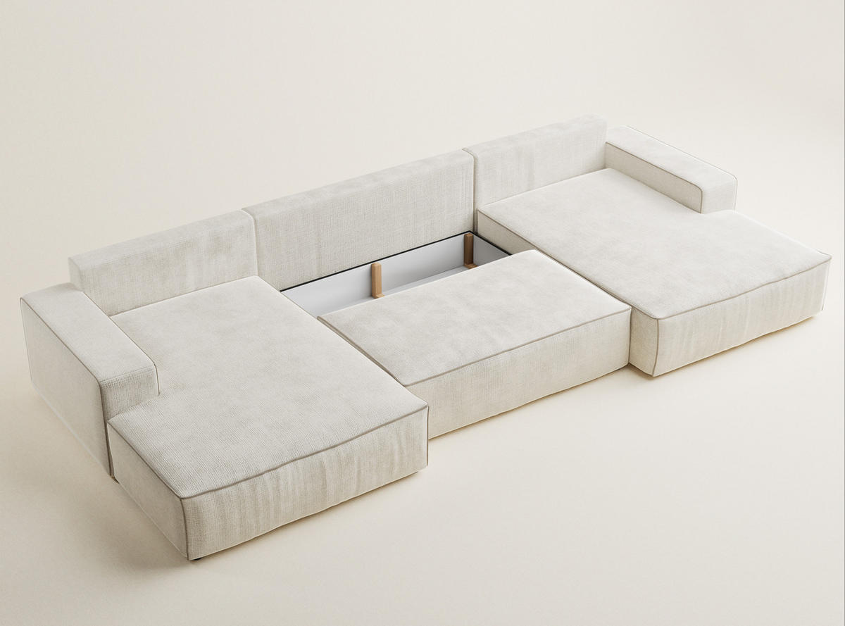 WOHNLANDSCHAFT Deseo Ecru-Beige Chenille-Stoff - Ecru/Beige, Holz/Holzwerkstoff (398/70/148cm) - Maison de Reve