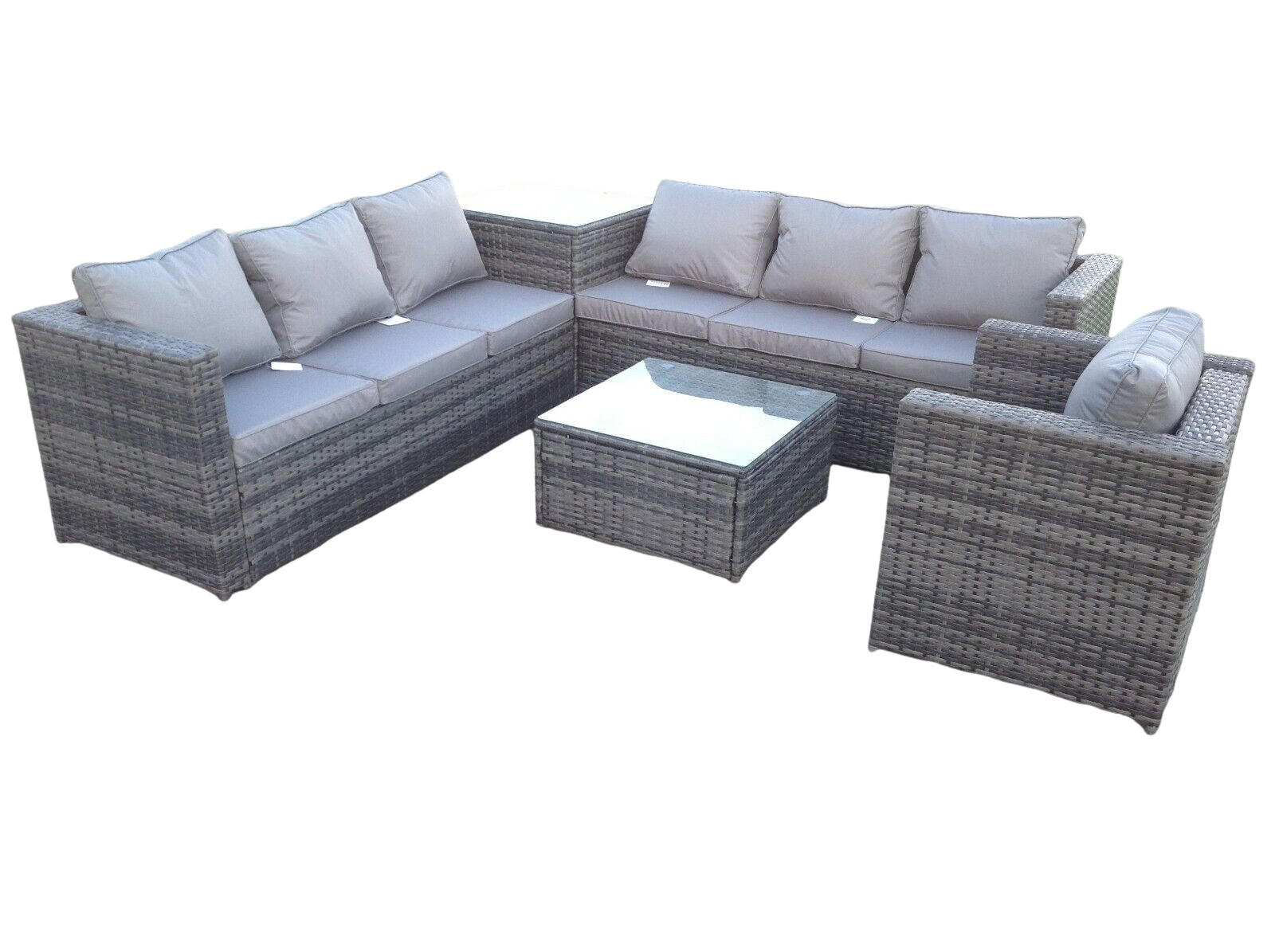 GARTENSET Polyrattan 7-Sitzer - Dunkelgrau/Grau, Glas/Kunststoff - Fimous