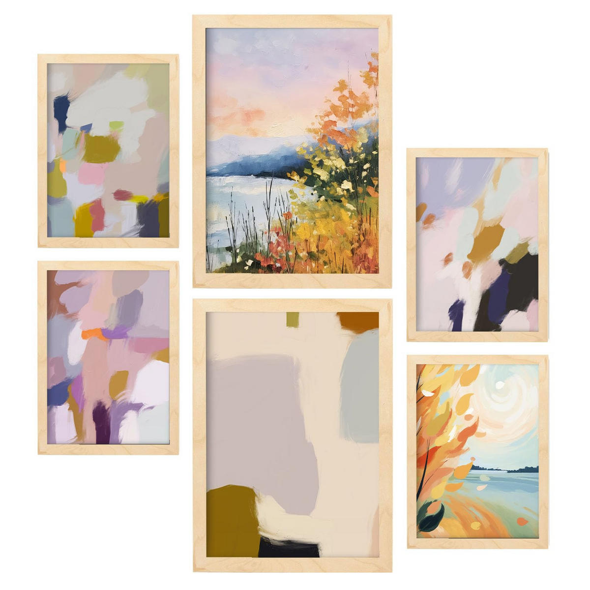 POSTER Set Mit 6 See Sonnenuntergang In Zusammenfassungen A3 & A4 Rahmen Aus Hellem Holz - Beige, Papier (29/3cm) - Nacnic