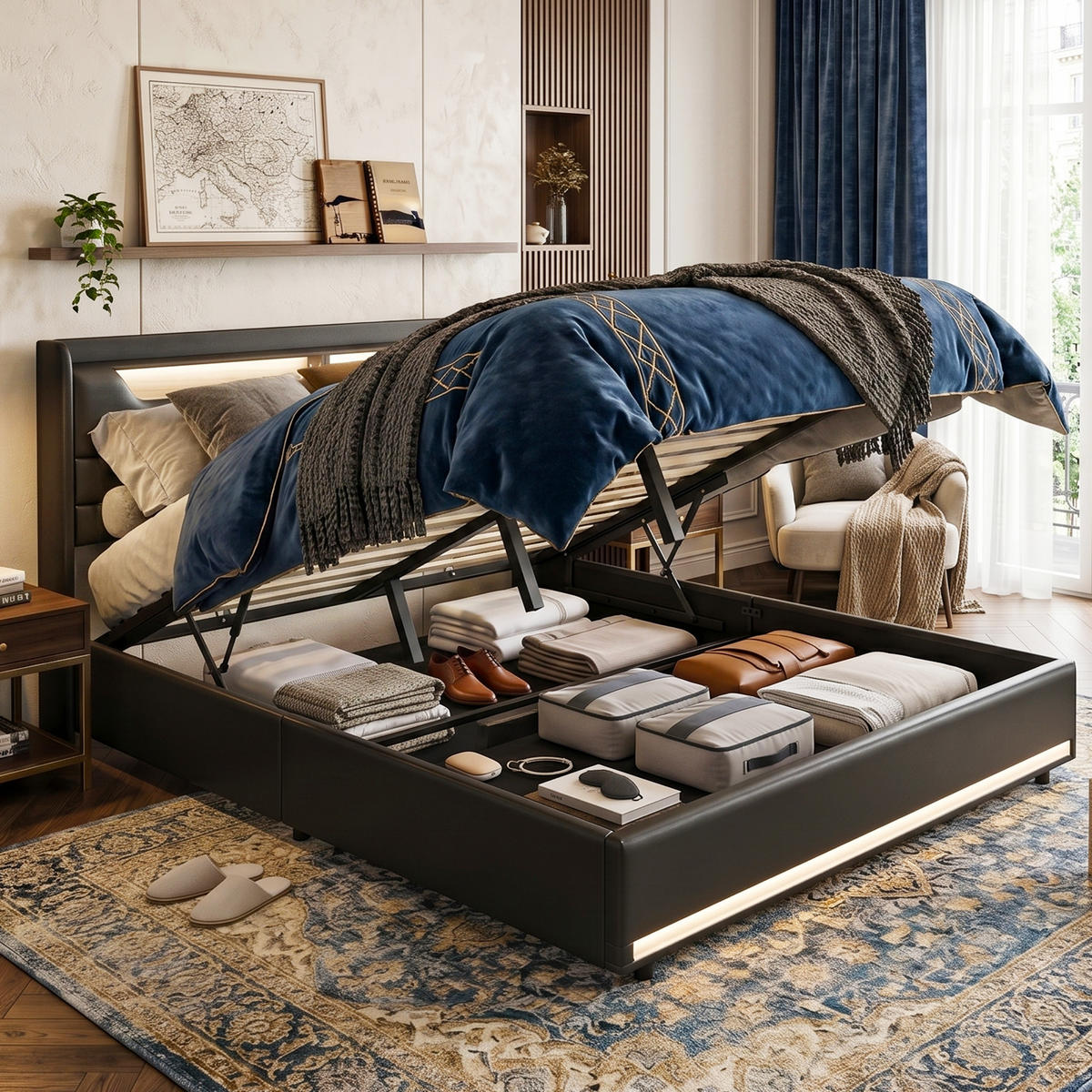 POLSTERBETT Schwebe-Optik 160/200 cm mit Bettkasten Dual-LED Kunstleder Schwarz - Schwarz, Textil (160/200cm) - Creahappy