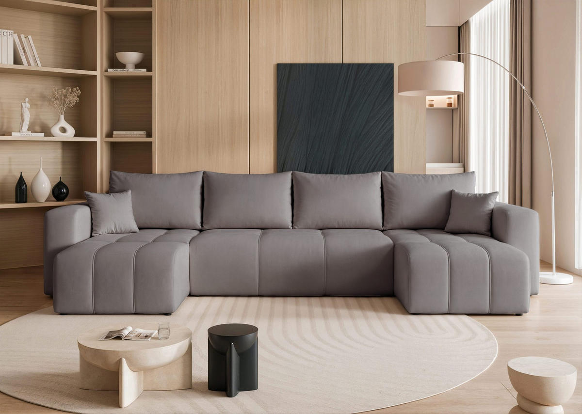 WOHNLANDSCHAFT U-Form Velours mit Bettkasten und Schlaffunktion - Dunkelgrau, Holzwerkstoff/Textil (318/79/145cm) - Idohome
