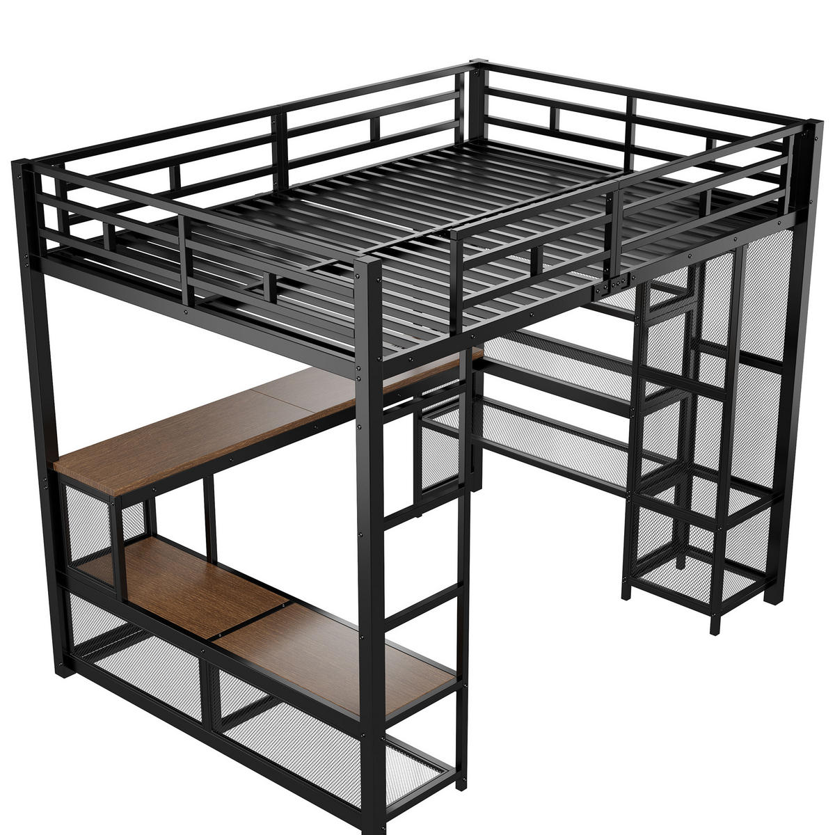 HOCHBETT 140/200 cm in Schwarz mit Schreibtisch, Regal und LED - Schwarz, Holzwerkstoff/Metall (140/200cm) - WISHDOR