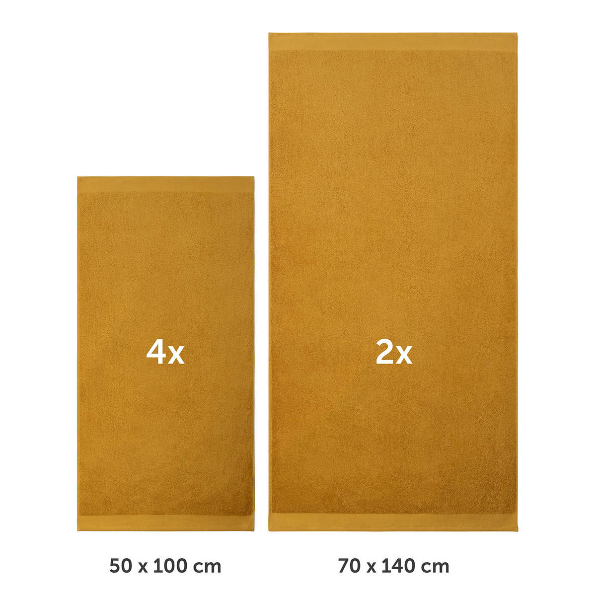 BADETUCH 6-teilig, 2x Badetuch 70/140 + 4x Handtuch 50/100 cm, Gelb - Gelb, Textil (70/140cm) - Blumtal